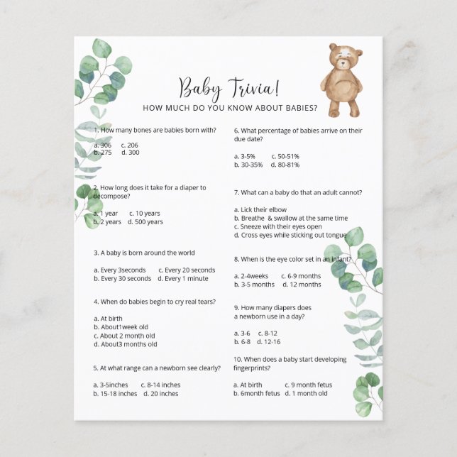 Bear Baby Trivia | Baby Shower Game (Front)