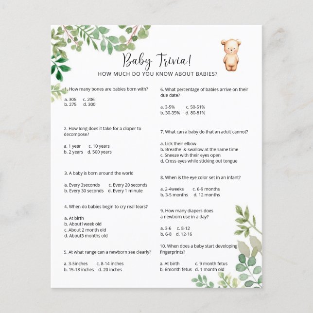 Bear Baby Trivia | Baby Shower Game (Front)