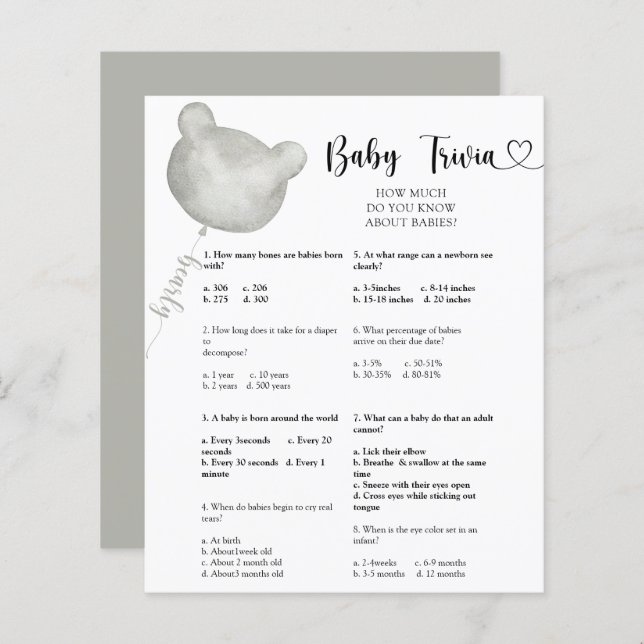 Bear Baby Trivia | Baby Shower Game (Front/Back)