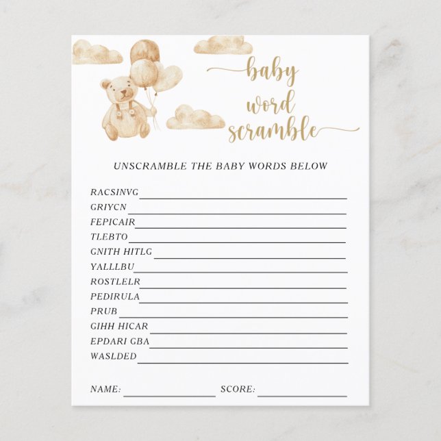 Bear Baby Word Scramble | Baby Shower Game (Front)