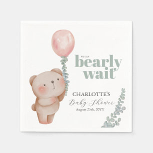 Bear Balloon Bearly Wait Girl Baby Shower Napkin