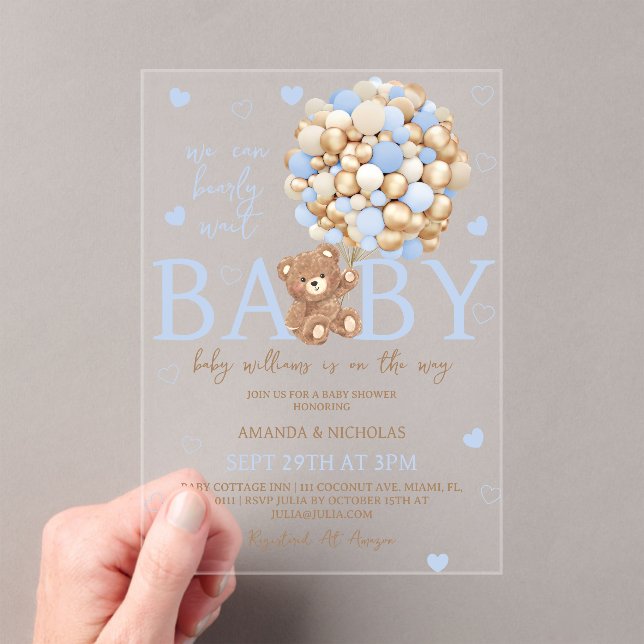 Bear Balloon Blue Baby Shower Acrylic Invitations (Insitu (Handheld))