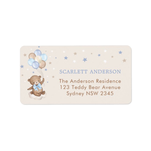 Bear Balloon Blue Brown Stars Return Address Label (Front)
