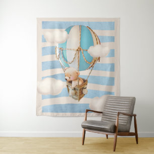 Bear Balloon Blue Virtual Shower Backdrop Tapestry