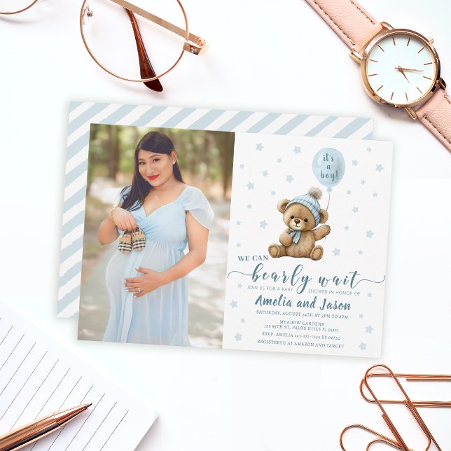 Bear balloon boy baby shower photo invitation (Creator Uploaded)