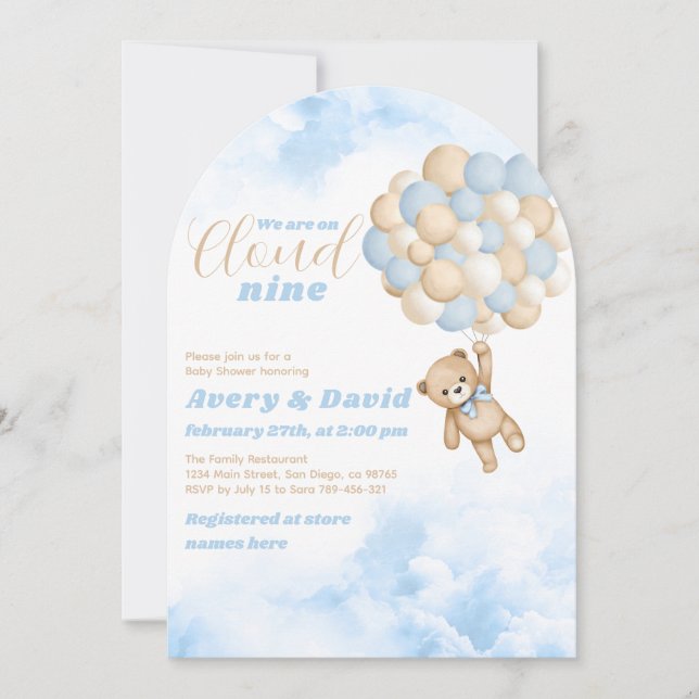 Bear Balloon Cloud Nine Fluffy Baby Boy Shower Invitation (Front)