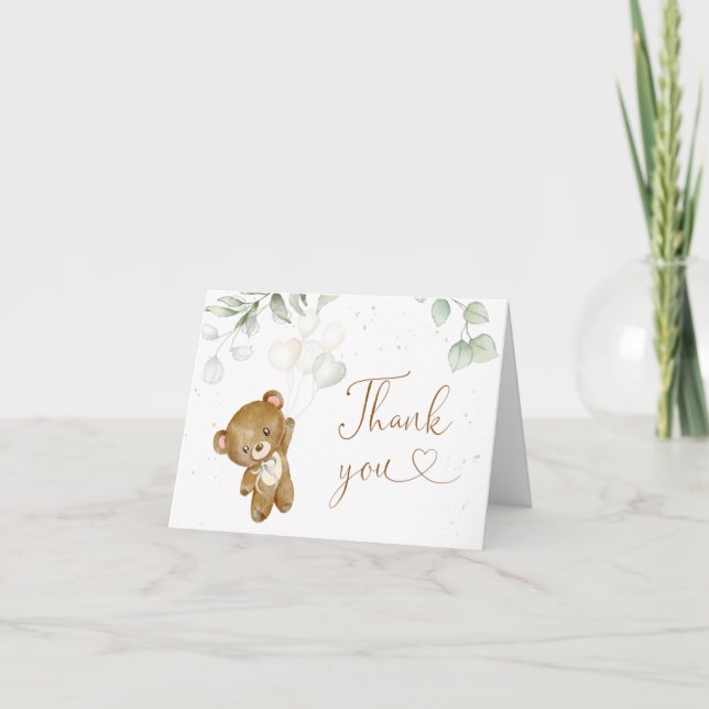 Bear Balloon Green Baby Shower Thank You Card (Front)