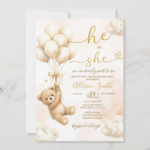 Bear Balloon He or She Gender Reveal Invitation