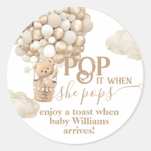 Bear Balloon neutral Baby Shower ready to pop Classic Round Sticker
