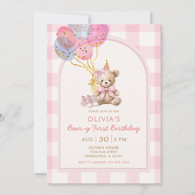 Bear Balloon Pink Gingham Beary First Birthday Invitation (Front)