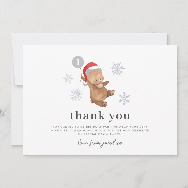 Bear Balloon Santa Hat 1st Birthday Thank You Card (Front)