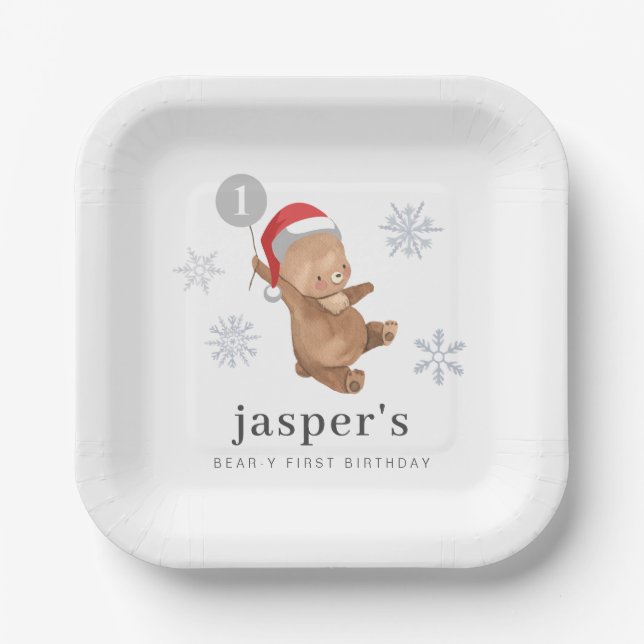 Bear Balloon Santa Hat Paper Plate (Front)