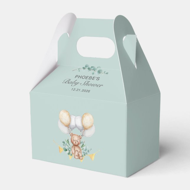 Bear Balloons and Eucalyptus Boy Baby Shower Favour Box (Front Side)