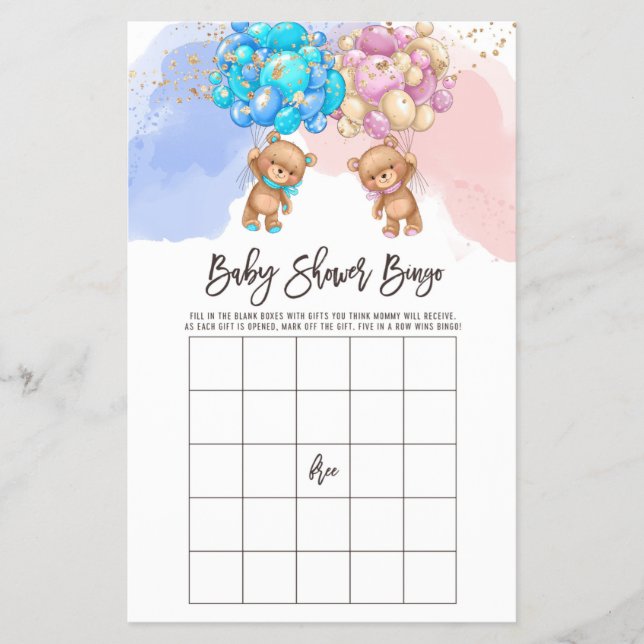 Bear Balloons Baby Bingo, Gender Reveal Bingo Game Flyer (Front)