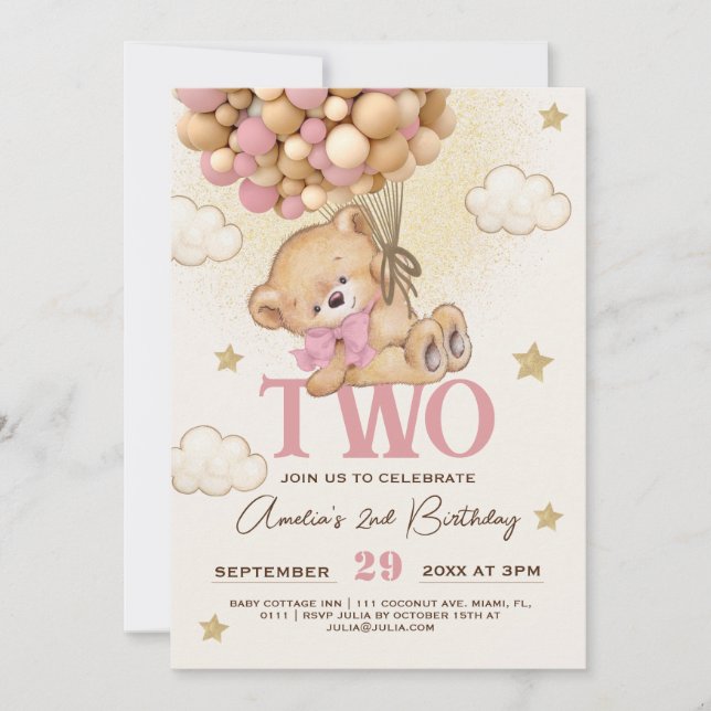Bear Balloons Baby Girl 2nd Birthday  Invitation (Front)