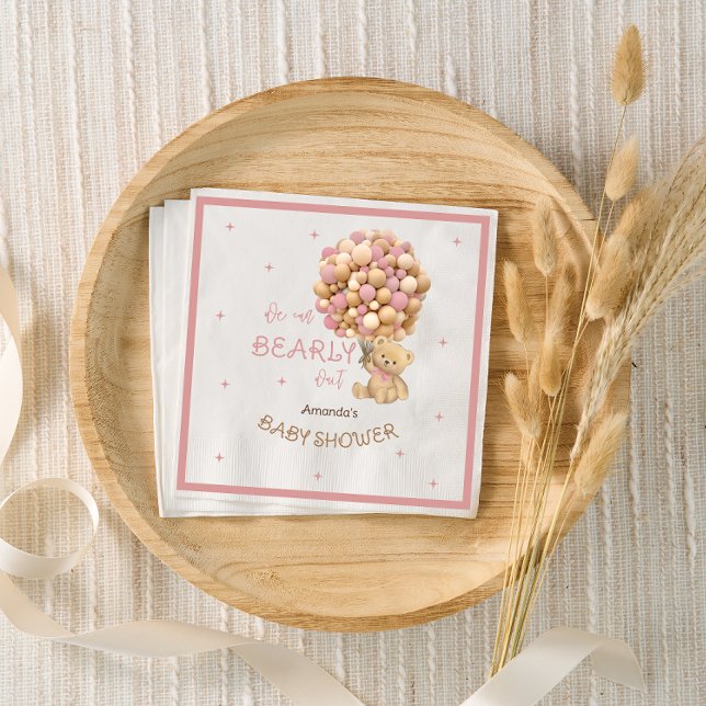 Bear Balloons Baby Girl Shower Boho Pink  Napkin (Creator Uploaded)
