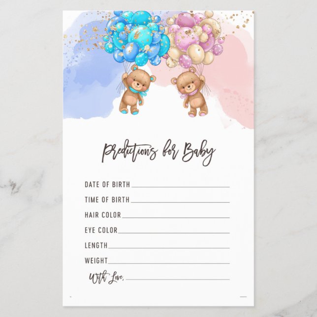  Bear Balloons Baby Predictions Gender Reveal Game Flyer (Front)