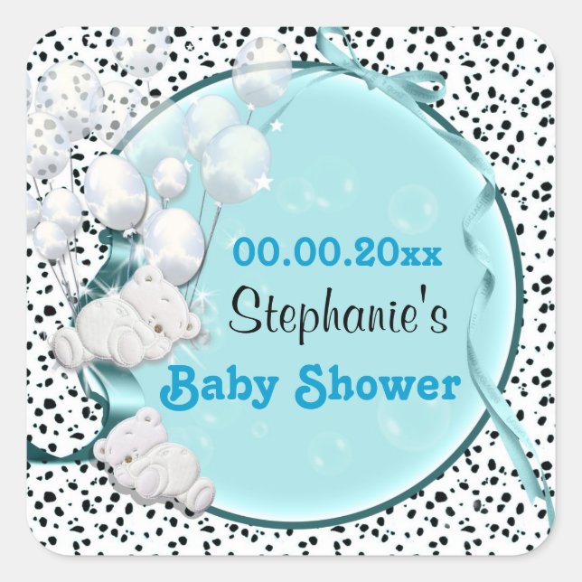 Bear balloons baby shower announcement square sticker (Front)