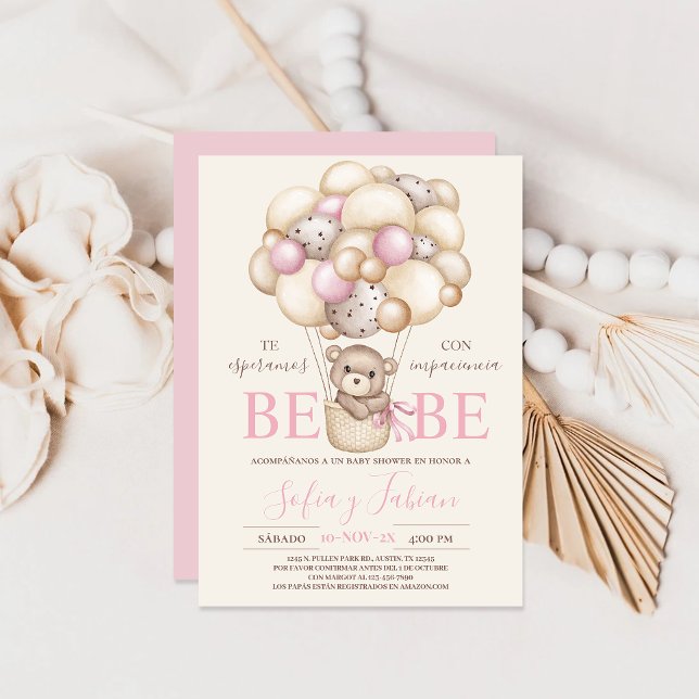 Bear Balloons Baby Shower Girl Spanish Invitation (Creator Uploaded)