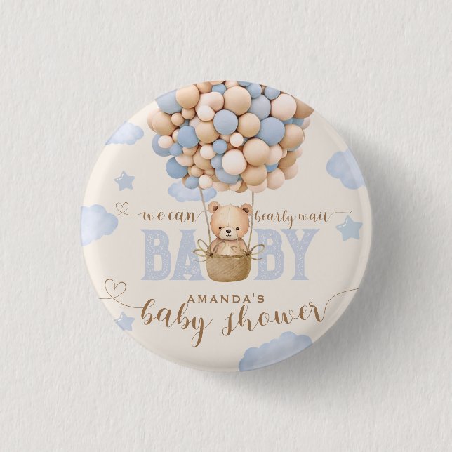 Bear Balloons Bearly Wait Baby Boy Shower  3 Cm Round Badge (Front)