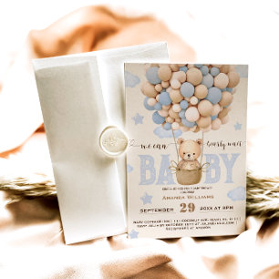 Bear Balloons Bearly Wait Baby Boy Shower Invitation