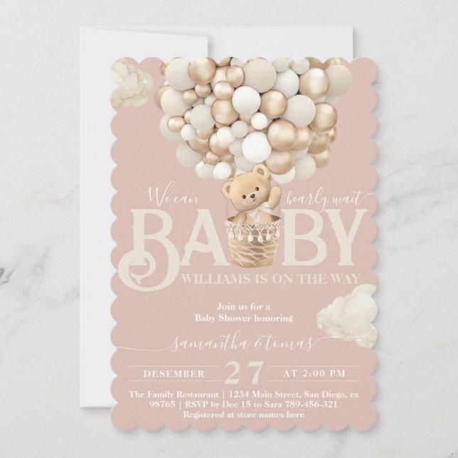 Bear Balloons Bearly Wait Baby Girl Shower Invitation (Front)
