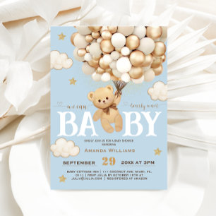 Bear Balloons Bearly Wait Baby Shower Bright Blue Invitation