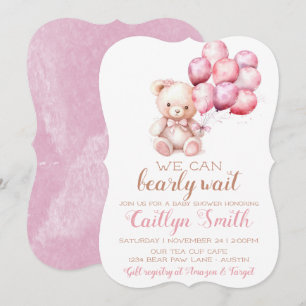 Bear Balloons Bearly Wait Baby Shower Girl Invitation