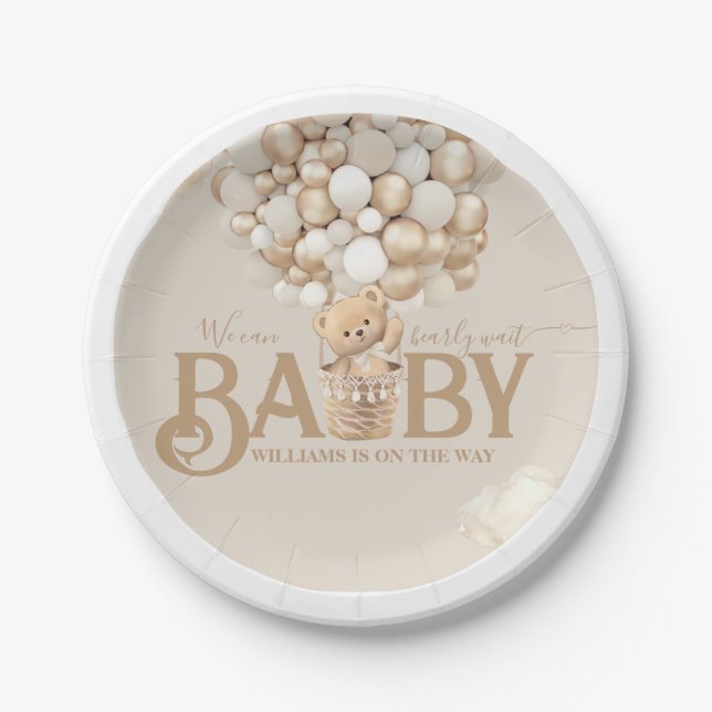 Bear Balloons Bearly Wait Baby Shower Paper Plate (Front)