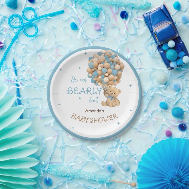 Bear Balloons Bearly Wait Blue Baby Boy Shower Paper Plate (Party)