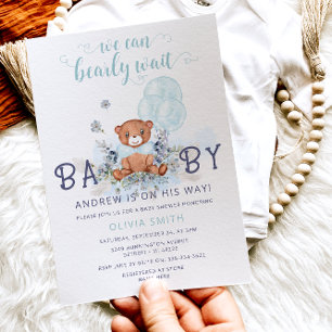 Bear Balloons Bearly Wait Boy Baby Shower Invitation