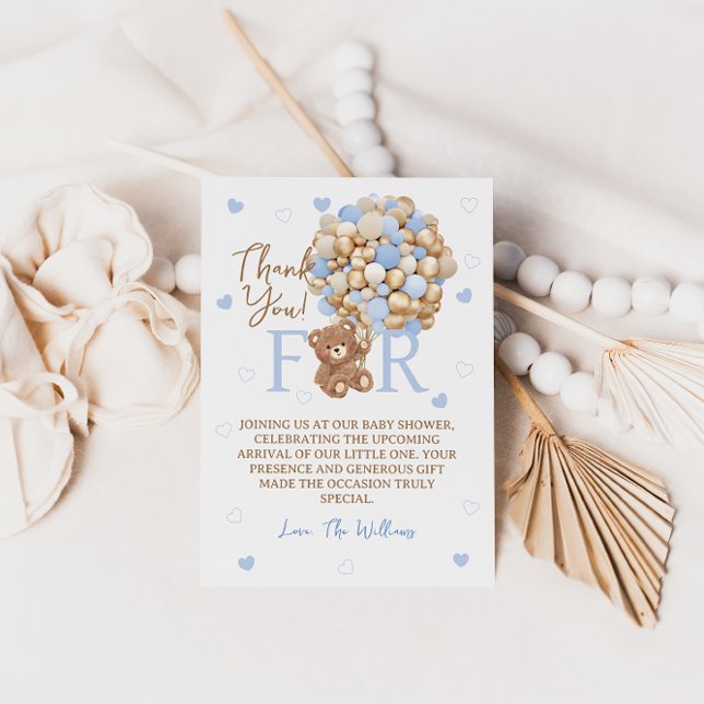 Bear Balloons Blue Gold Baby Shower  Thank You Card (Creator Uploaded)