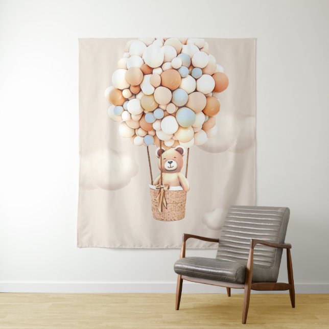 Bear Balloons Blue Virtual Shower Backdrop Tapestry (In Situ)