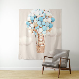 Bear Balloons Blue Virtual Shower Backdrop Tapestry
