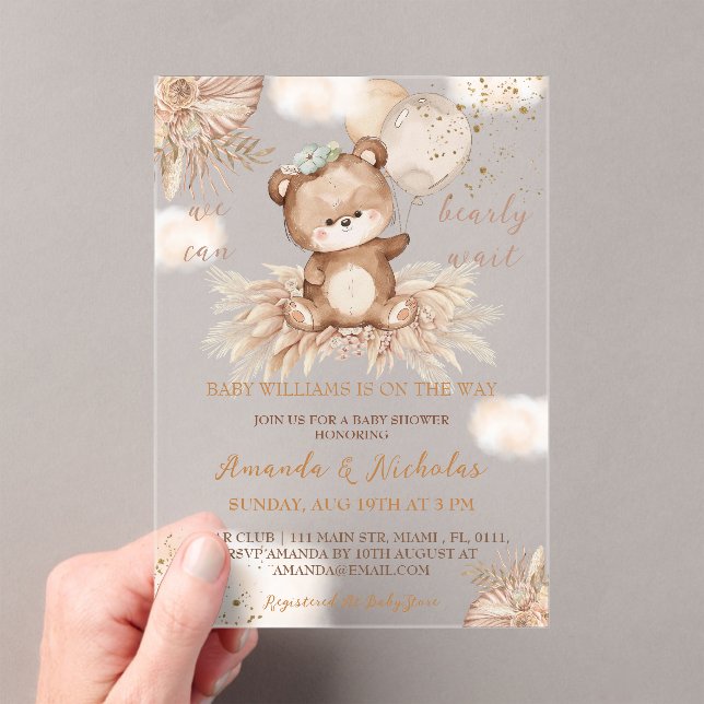 Bear Balloons Boho Baby Shower Acrylic Invitations (Insitu (Handheld))