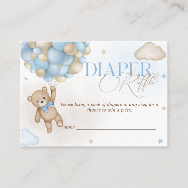 Bear Balloons Boy Baby Shower Diaper Raffle Enclosure Card (Front)