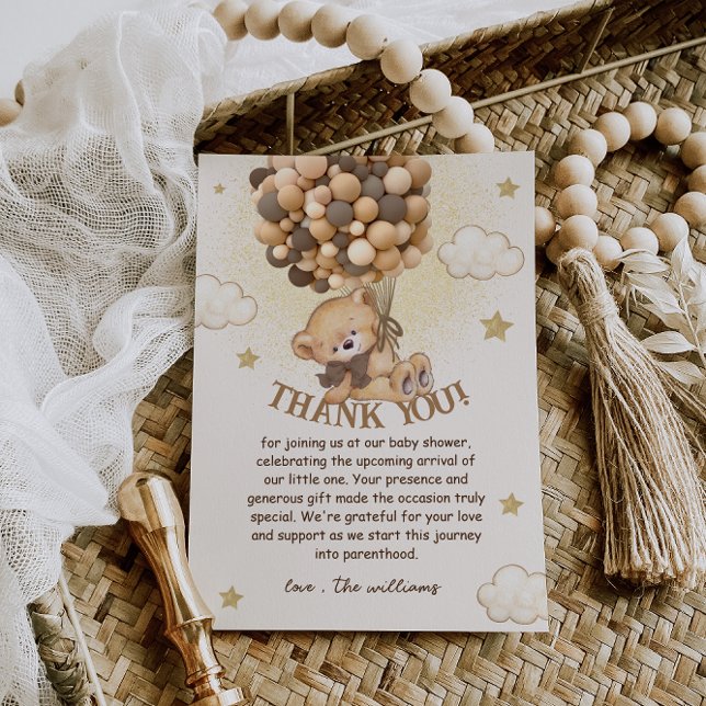 Bear Balloons Brown Neutral Boho Baby Shower Thank You Card (Creator Uploaded)