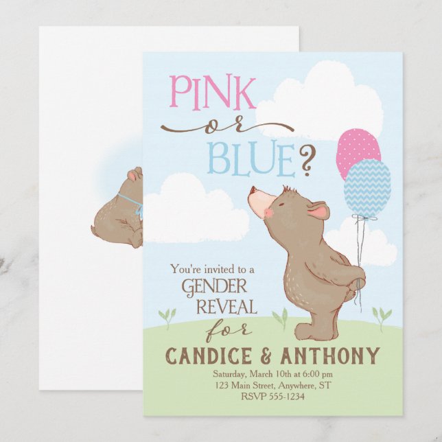 Bear + Balloons Gender Reveal Invitation (Front/Back)