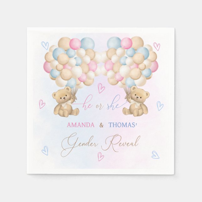 Bear Balloons Gender Reveal Pink & Blue  Napkin (Front)