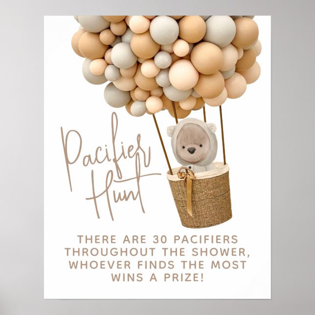 Bear Balloons Modern Baby Shower Pacifier Hunt Poster (Front)