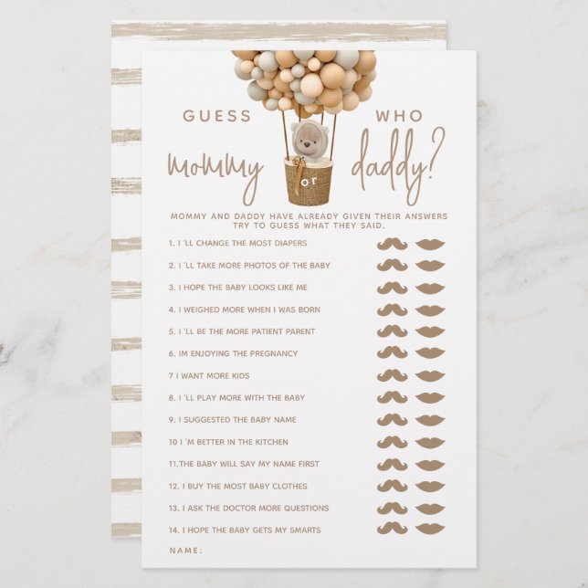 Bear Balloons Modern Gender neutra Shower Game  (Front/Back)