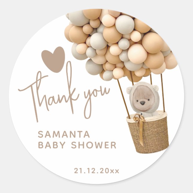 Bear Balloons Modern Gender neutral Baby Shower Classic Round Sticker (Front)