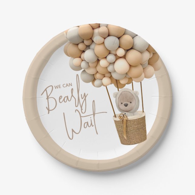 Bear Balloons Modern Gender neutral Baby Shower Paper Plate (Front)