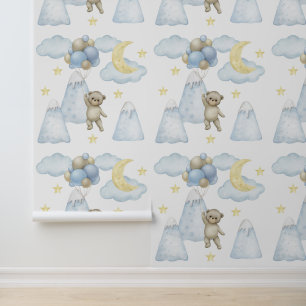 Bear Balloons Mountains Moon Star Clouds Baby Boy  Wallpaper