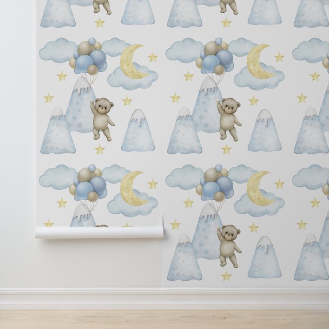 Bear Balloons Mountains Moon Star Clouds Baby Boy  Wallpaper (Application)