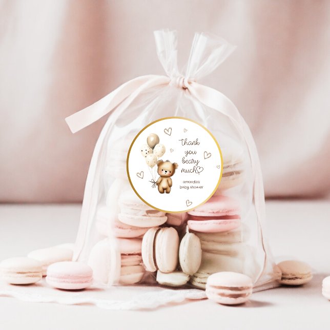 Bear Balloons Neutral Cute Baby Shower Thank You Classic Round Sticker (Creator Uploaded)