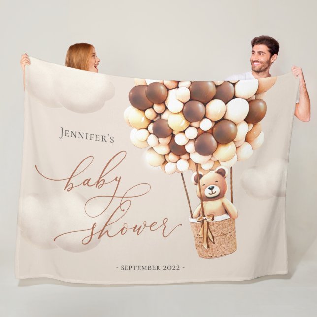 Bear Balloons Neutral Virtual Shower Backdrop Flee Fleece Blanket (In Situ)