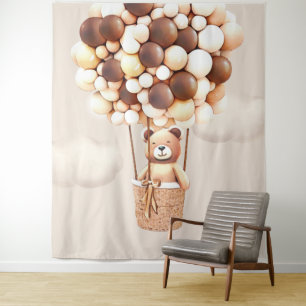 Bear Balloons Neutral Virtual Shower Backdrop Tapestry