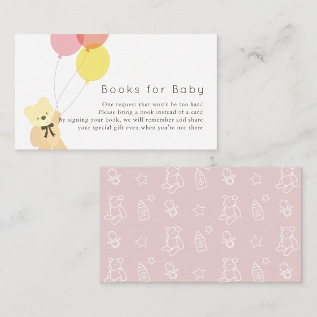 Bear & Balloons Pink Baby Shower Book Request Enclosure Card (Front/Back)