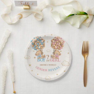 Bear Balloons Pink Blue Boho Gender Reveal Paper Plate